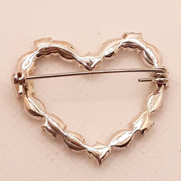 Pink and White Rhinestone Silver Tone Heart Brooch - Picture 5 of 7